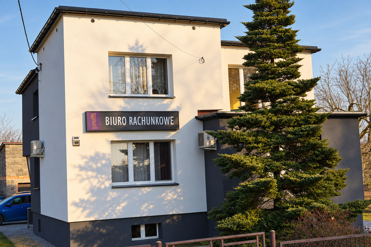 Siedziba PROFIT przy ulicy 1 Maja 168 w Skrzyszowie z szyldem Biuro Rachunkowe